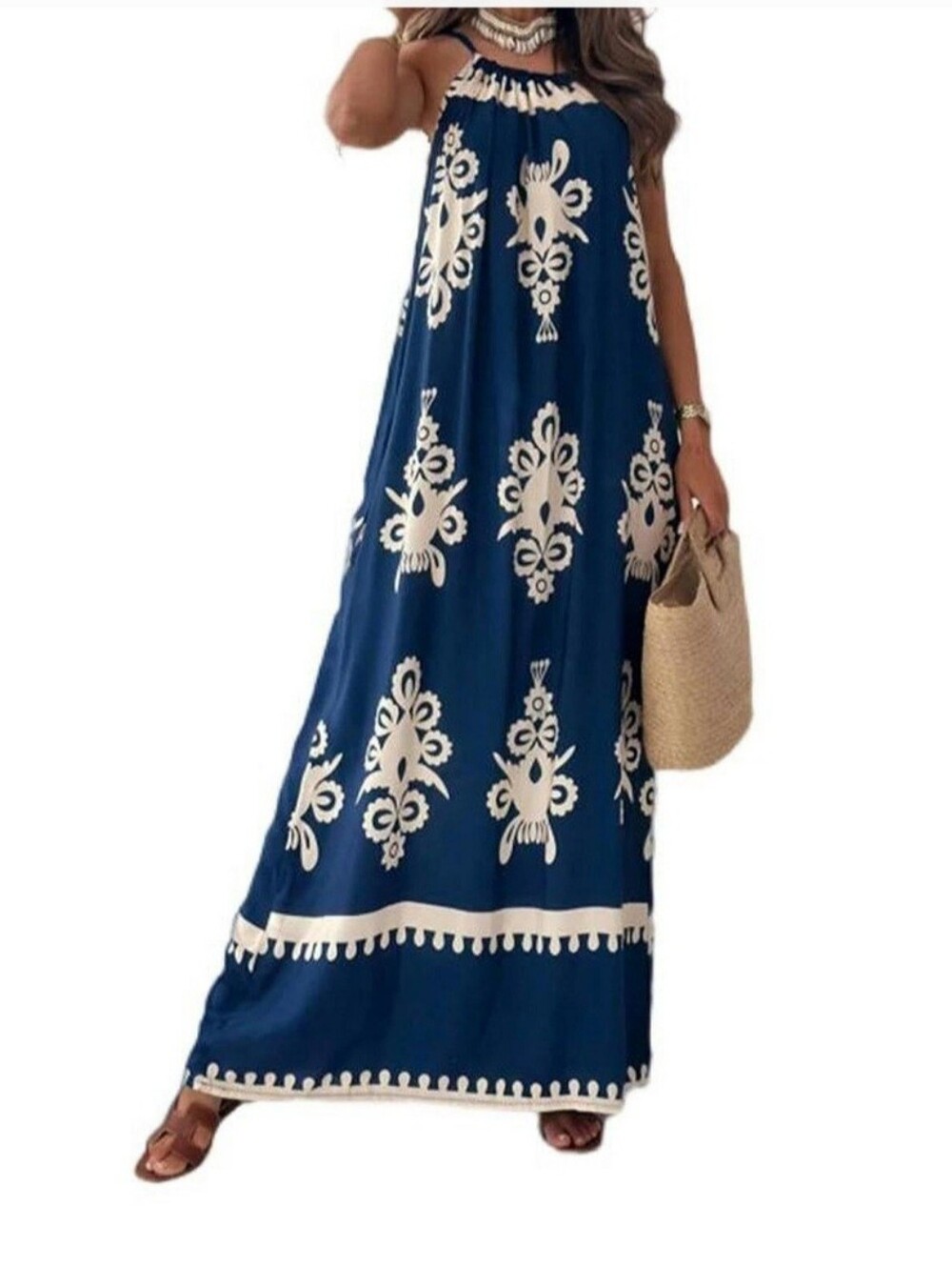 NWT Yesfashion Blue & White Mediterranean Tile Print Halter Maxi Dress Large